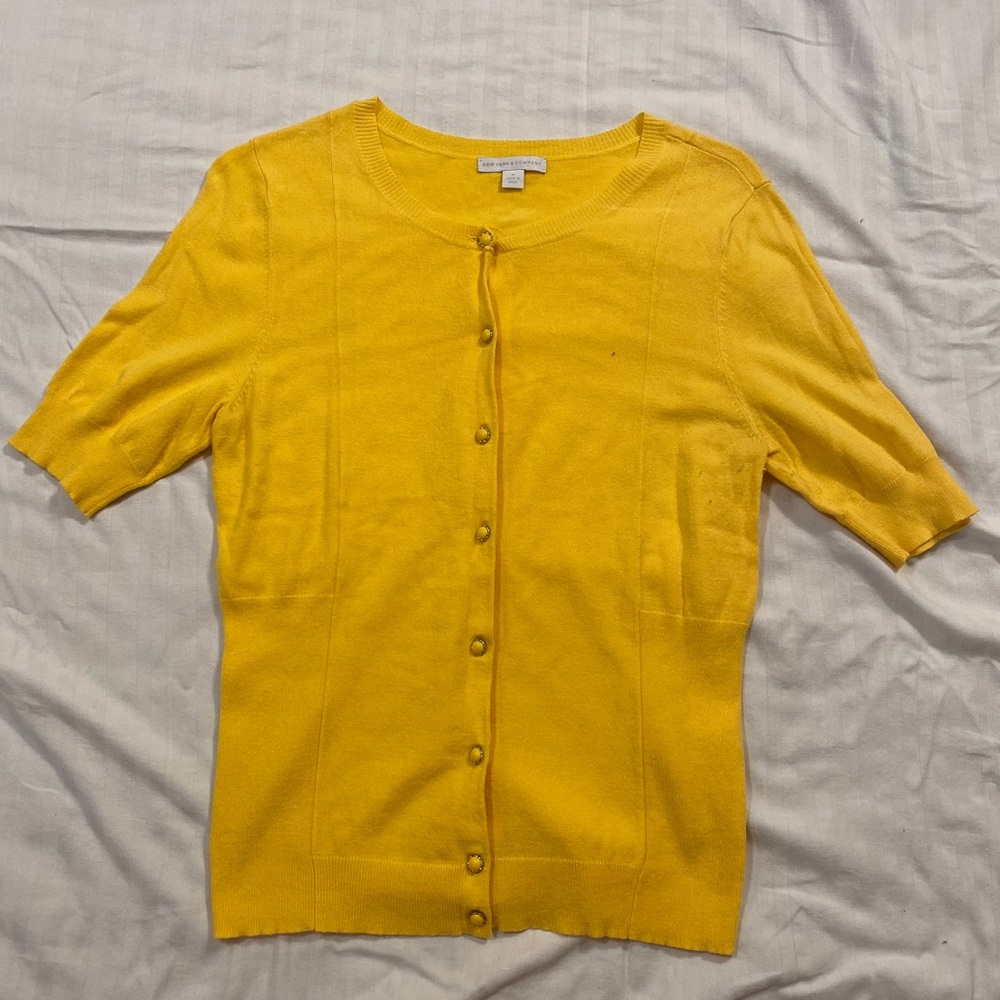 New York & Company Yellow Short Sleeve Cardigan